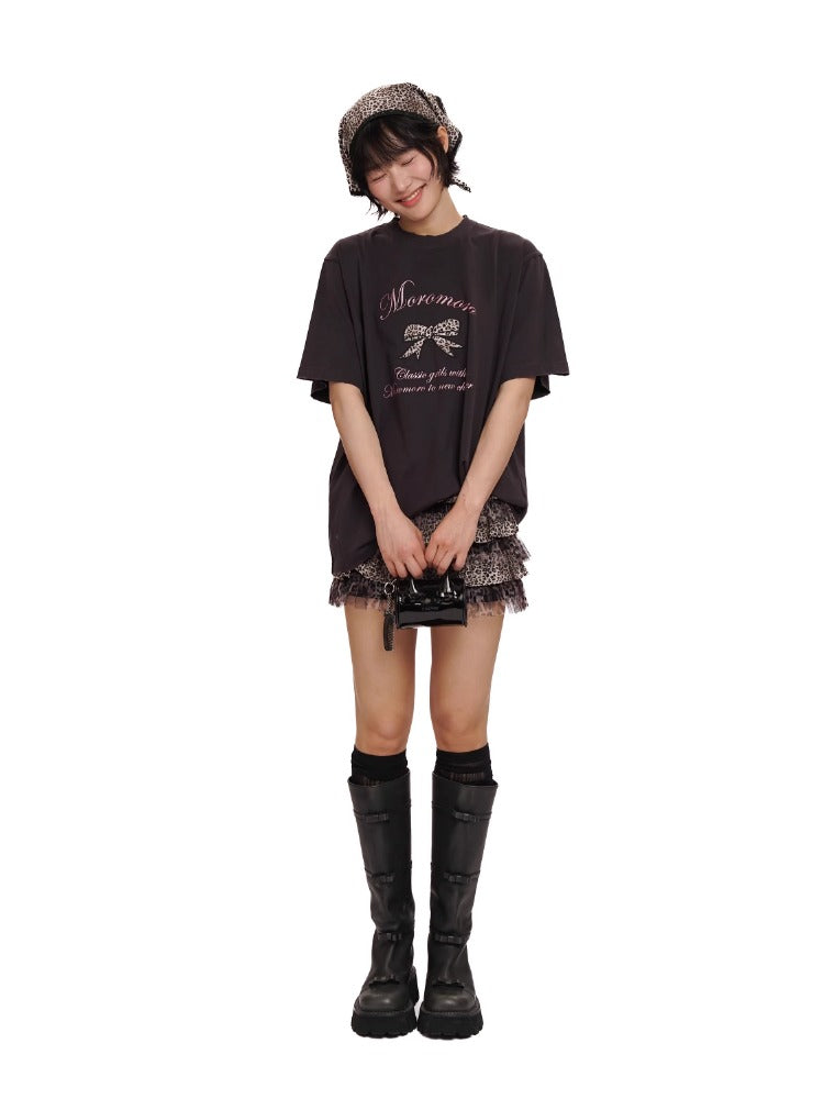 Leopard Print Butterfly Bow Embroidered T-shirt