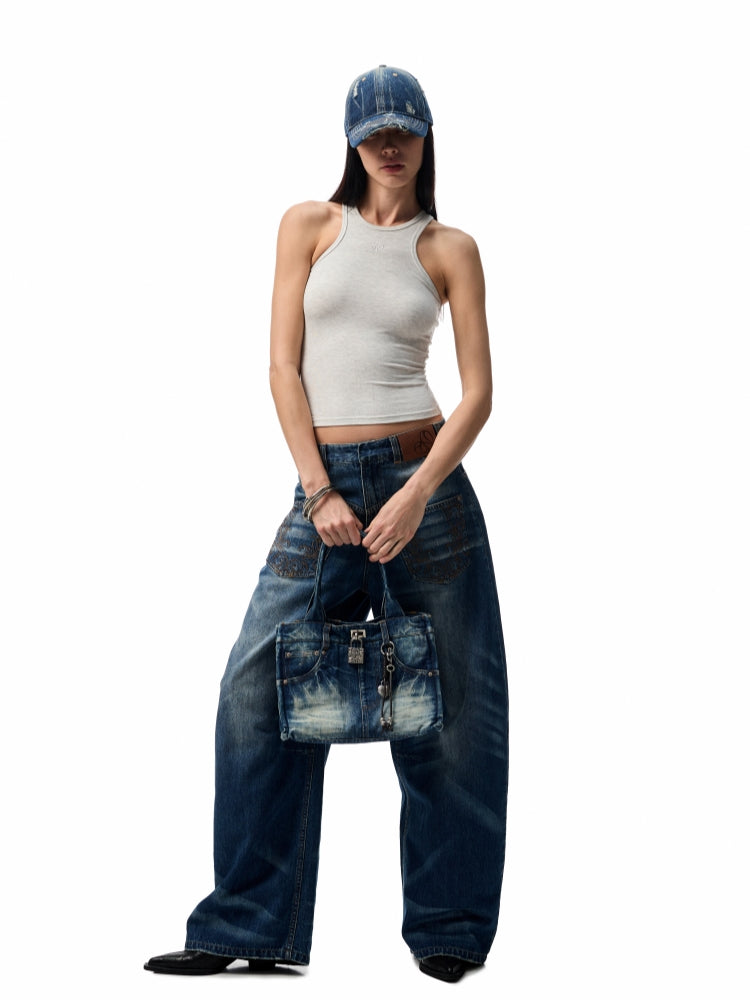 Vintage Wash Detachable Knife Denim Skirt Pants
