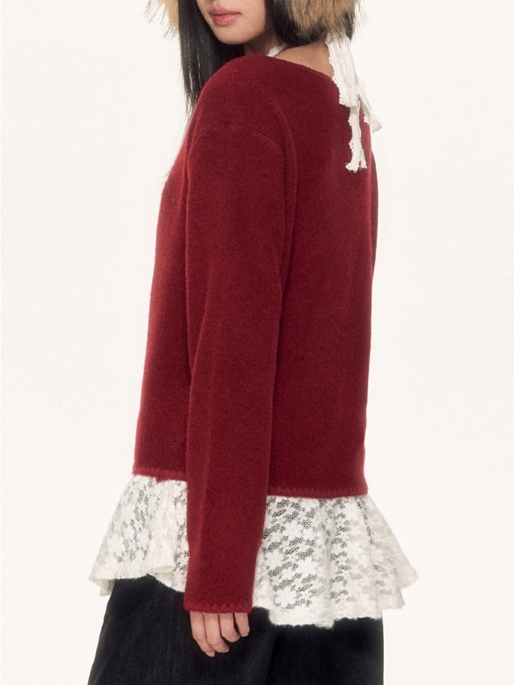 Red Lace Halter Knit 2-piece Set