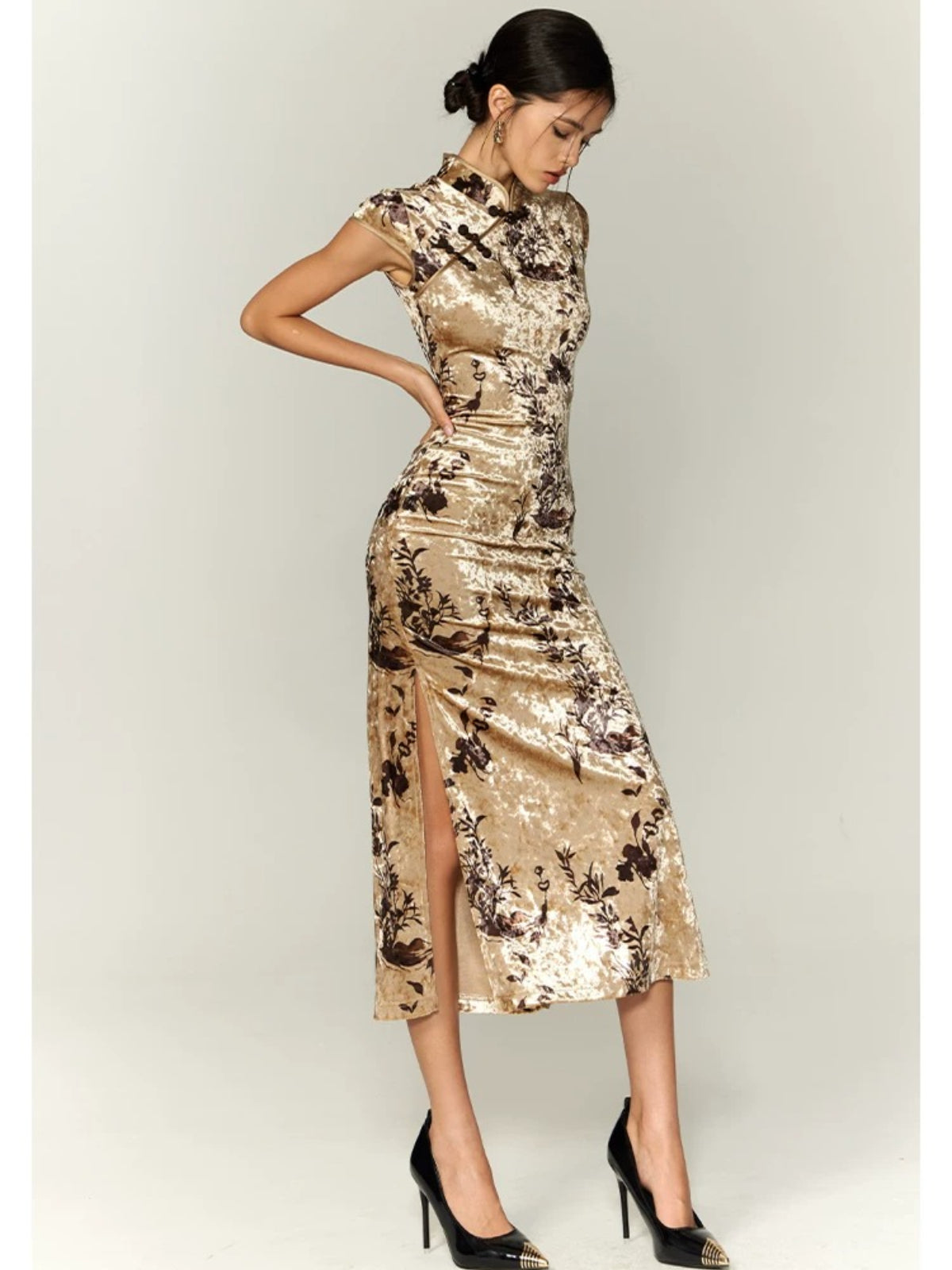 Khaki Velvet Printed Qipao Dress