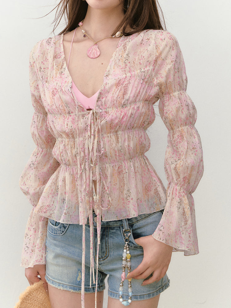 Small Floral Tie-Waist Sun-Protection V-Neck Blouse