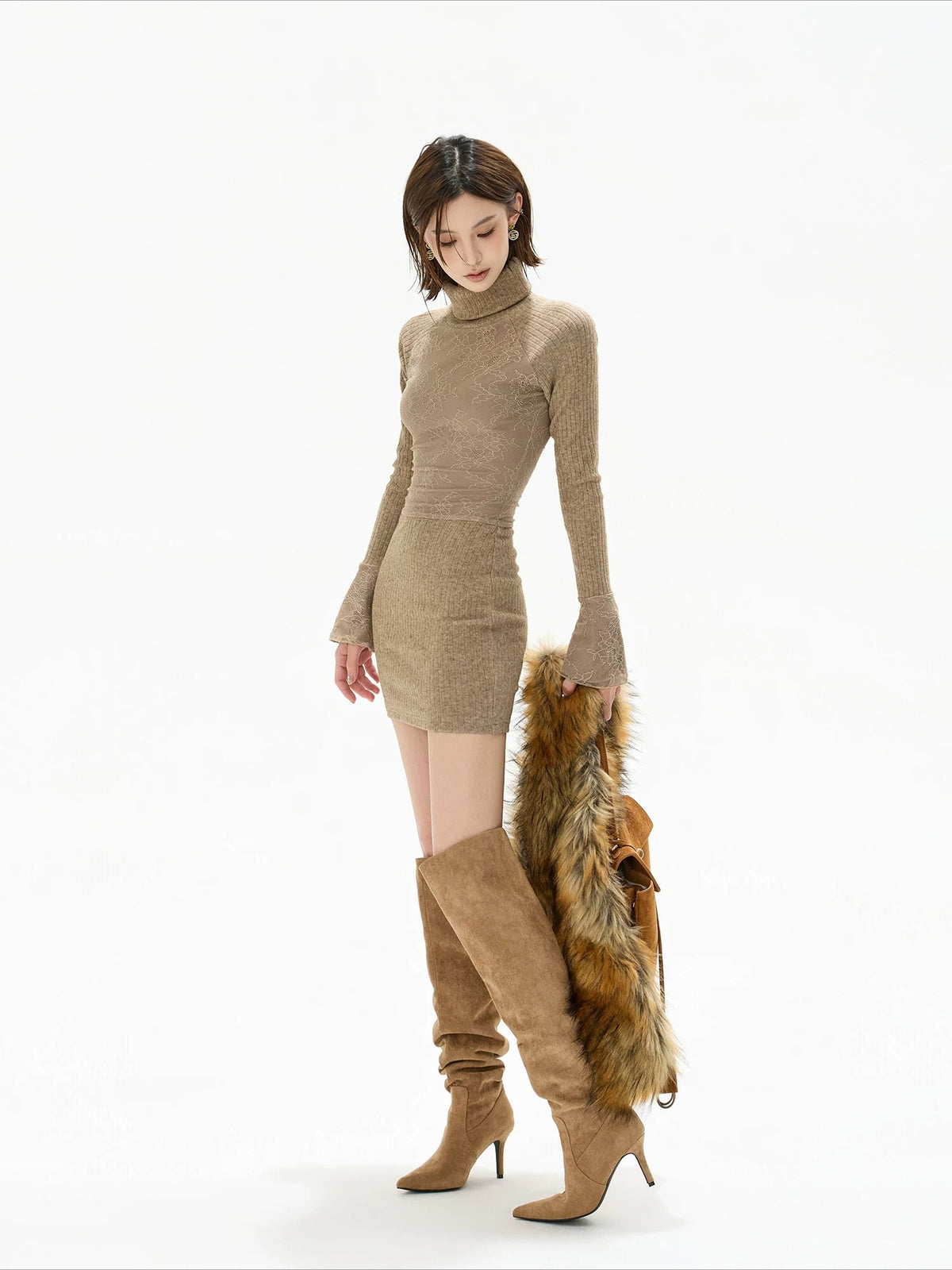 Camel Lace High Neck Knit Dress