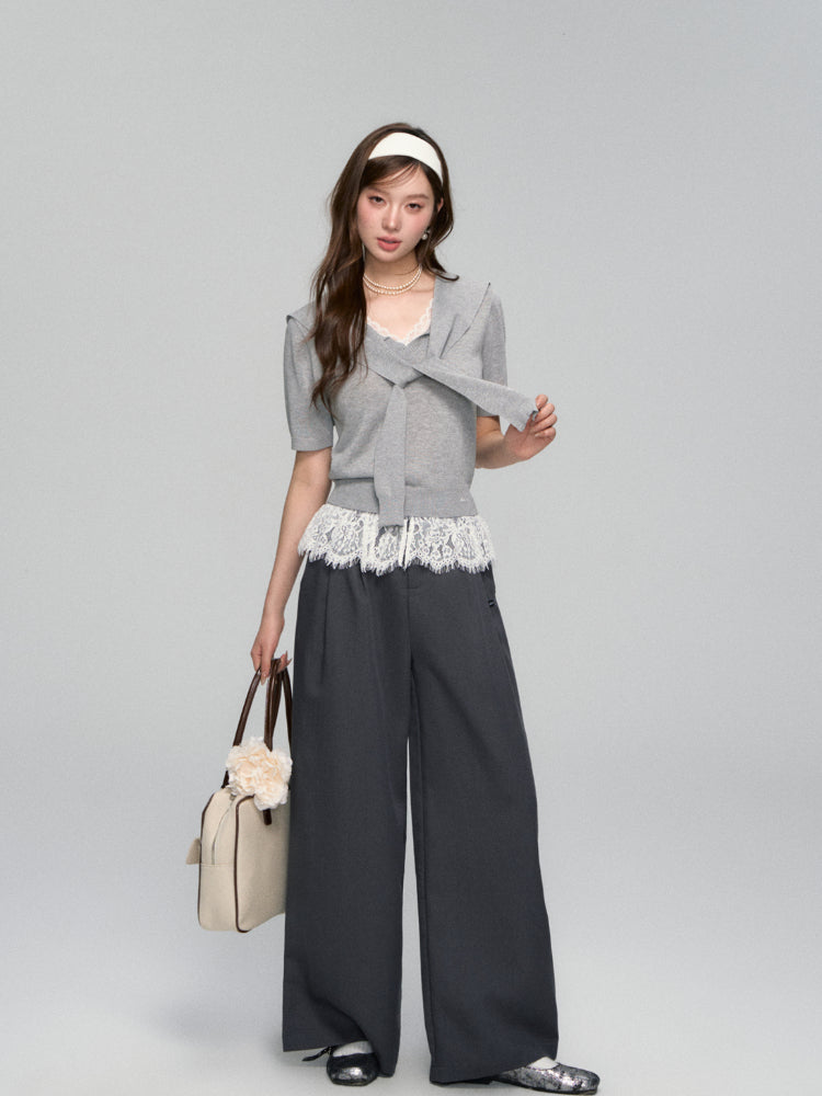 V-neck Lace Knit Short-sleeve T-shirt