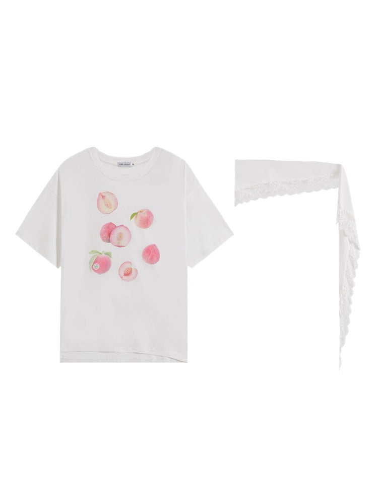 Fruit Print Lace-Trimmed Tie-Up T-shirt