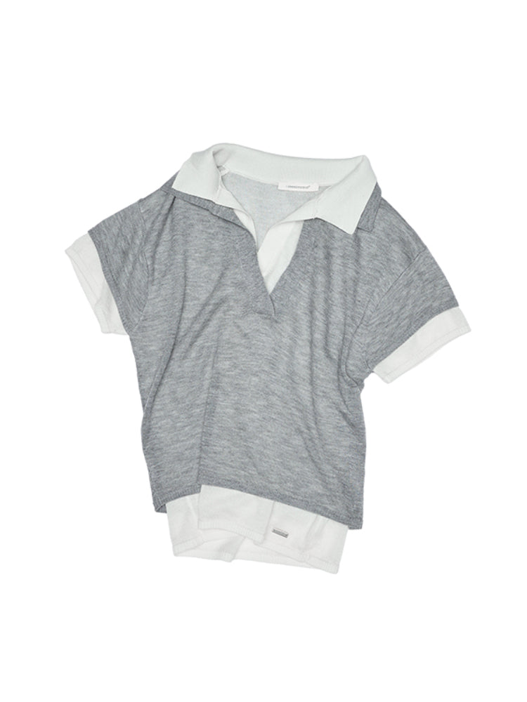 Color-Blocking Fake Two-piece Knit Polo Shirt