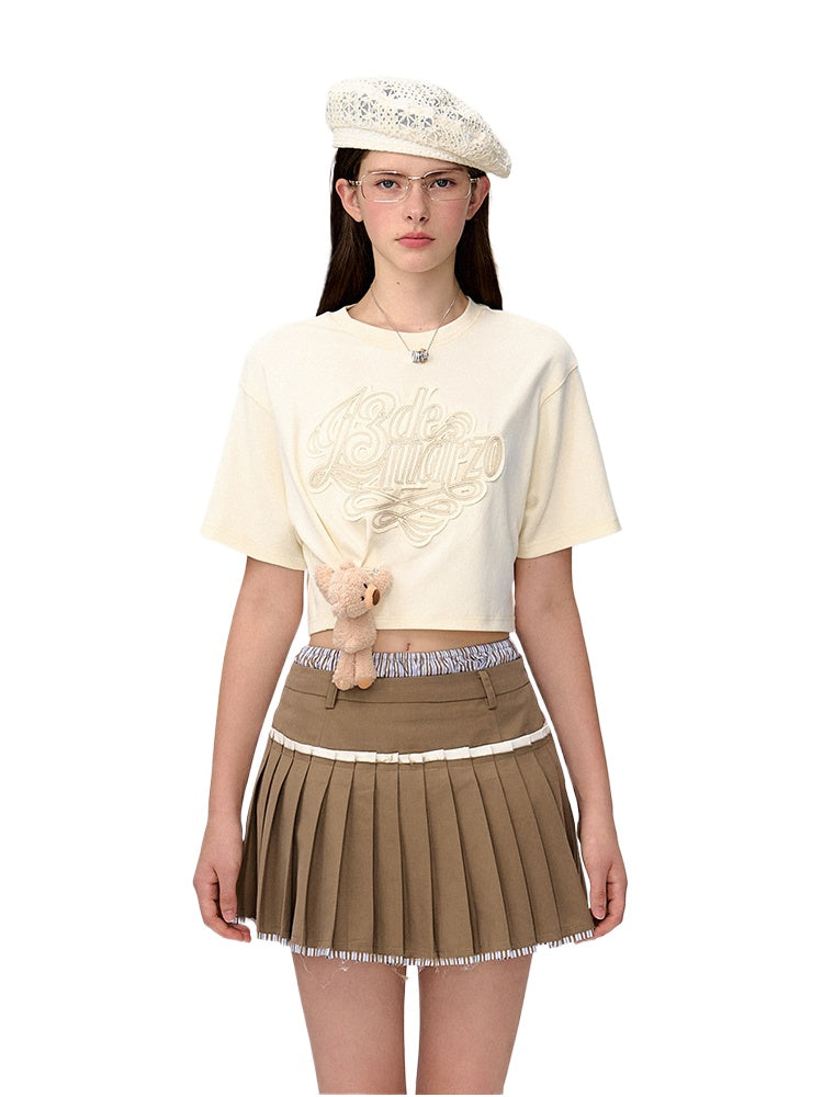 Applique Embroidery Gathered Short-Sleeve T-Shirt