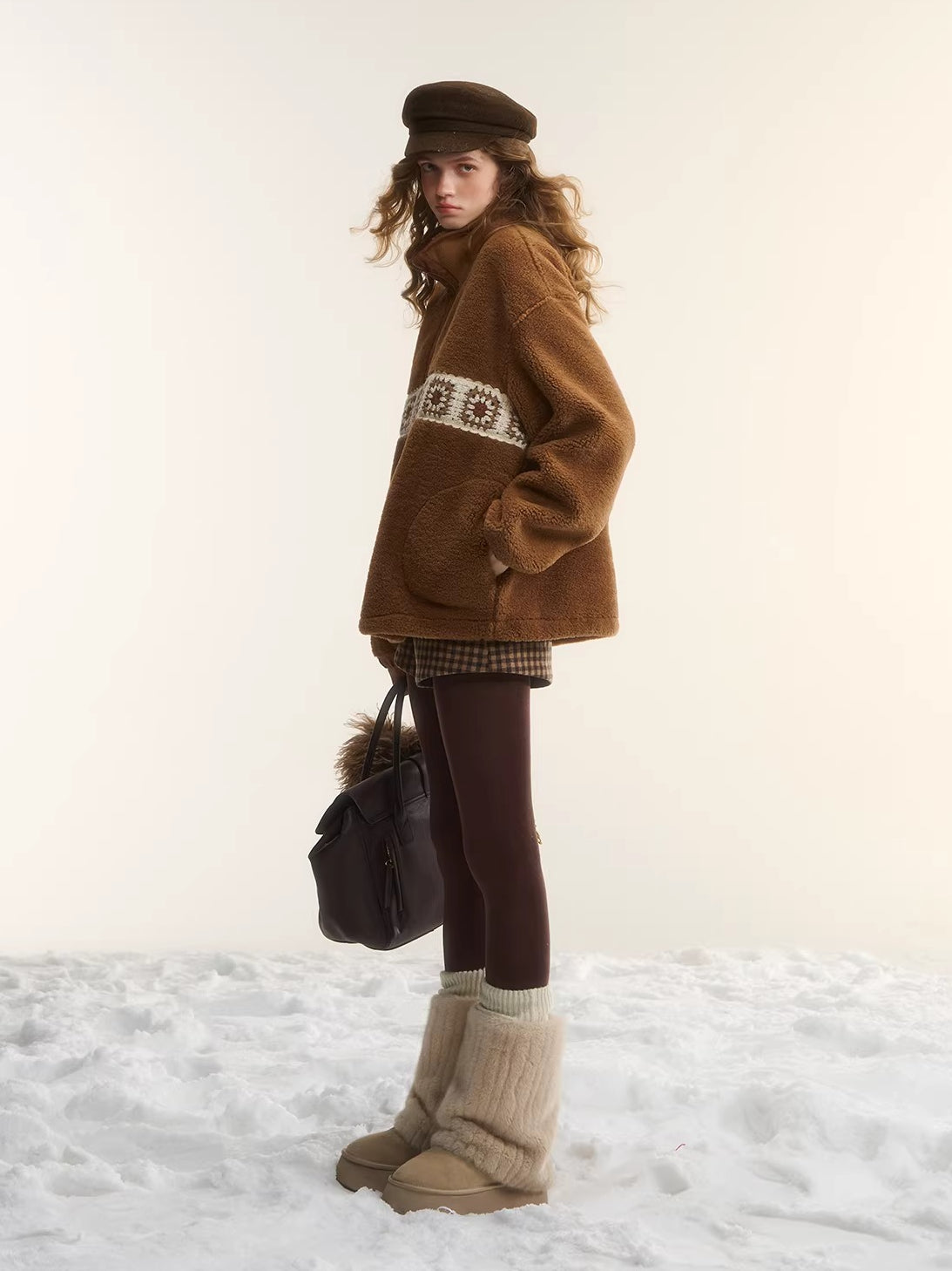 Brown Patchwork Teddy Fleece Zip-Up Sweatshirt