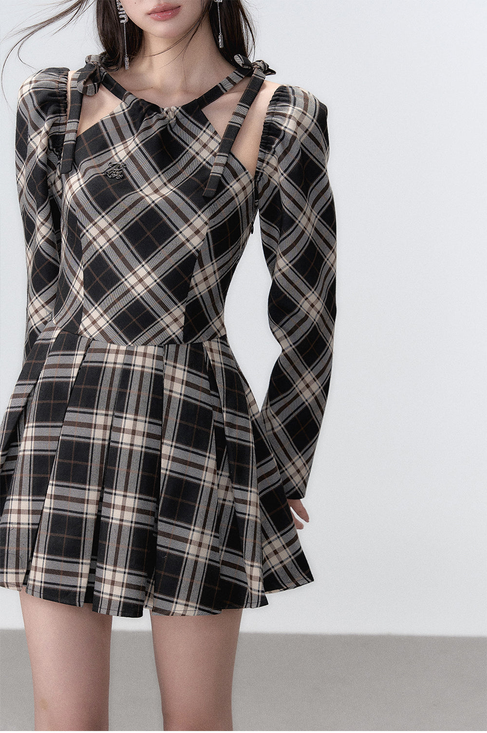 Black Plaid A-line Halter Mini Dress