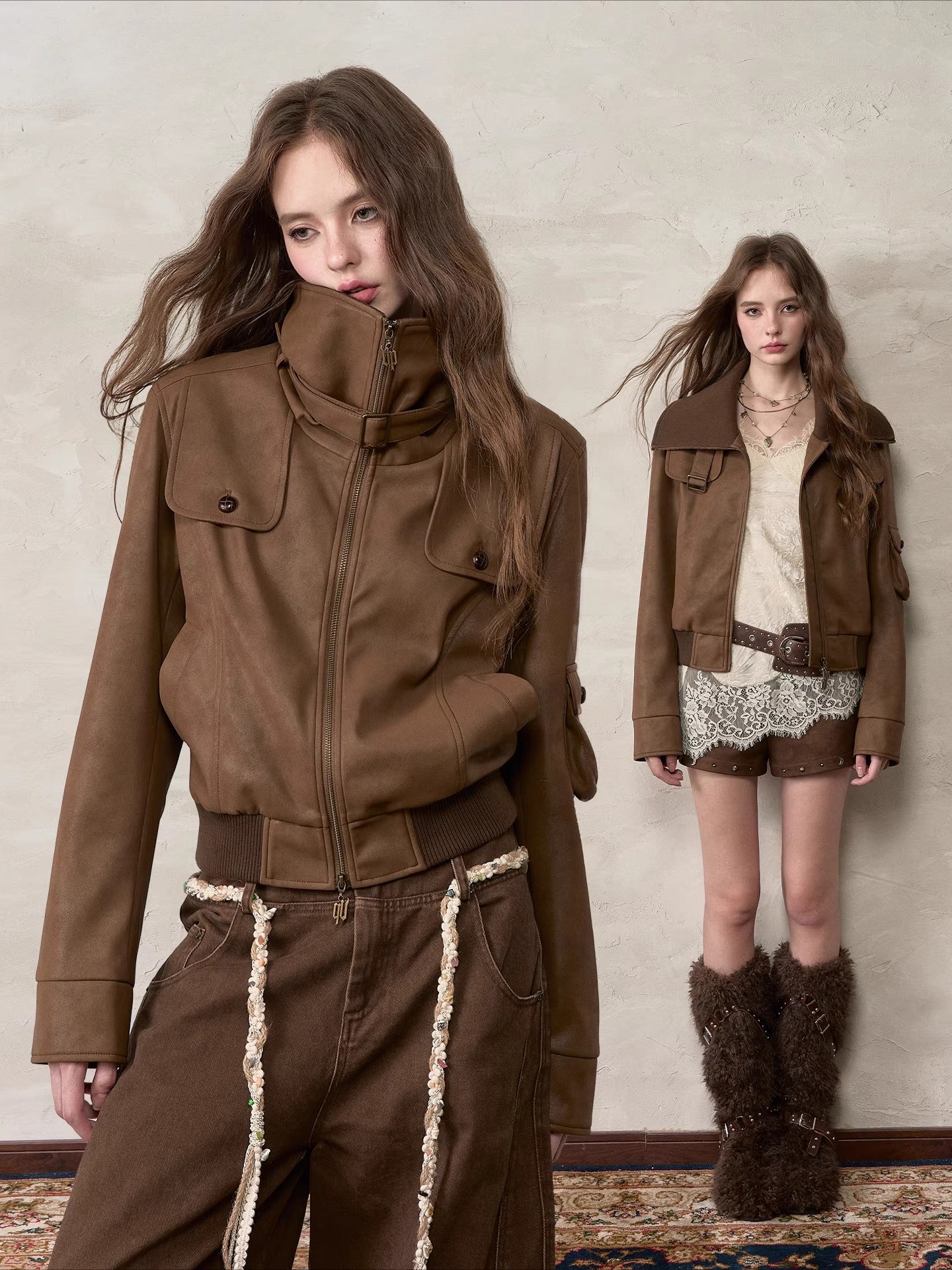 Retro PU Contrast Collar Jacket