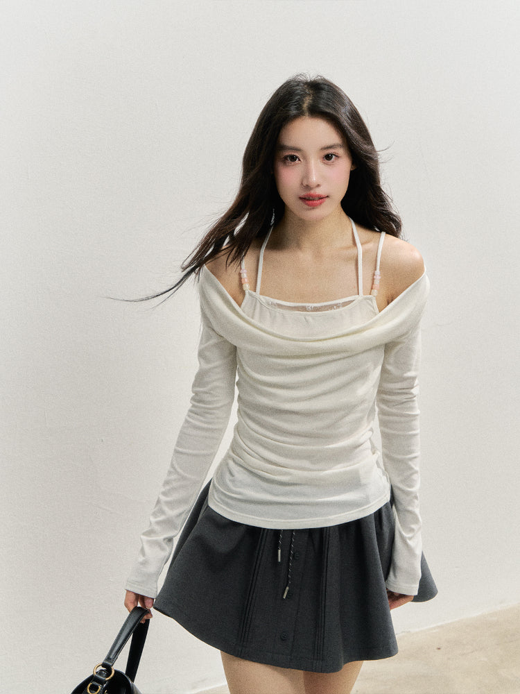 Beaded Halter Fake Two- Piece Long-Sleeve T-Shirt