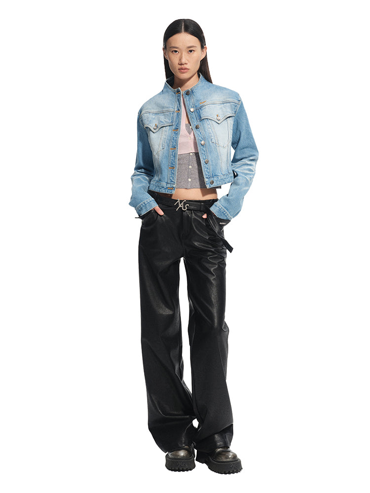 Twill Denim Cat-Whisker Stand-Collar Short Jacket