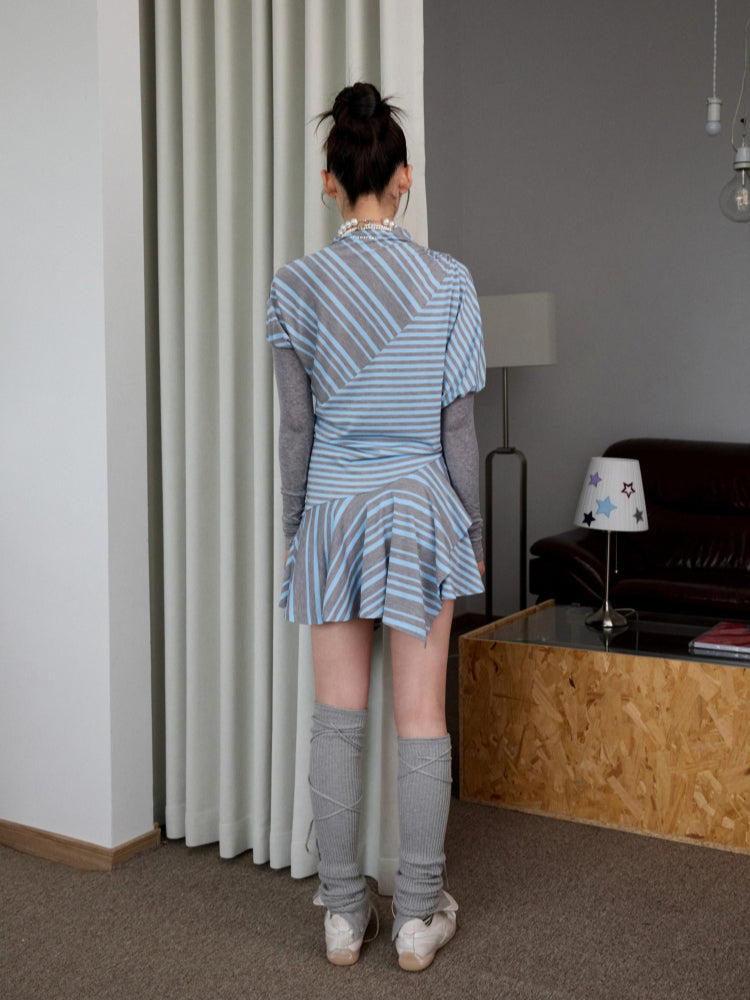 Blue-Gray Striped Irregular Patchwork Dress