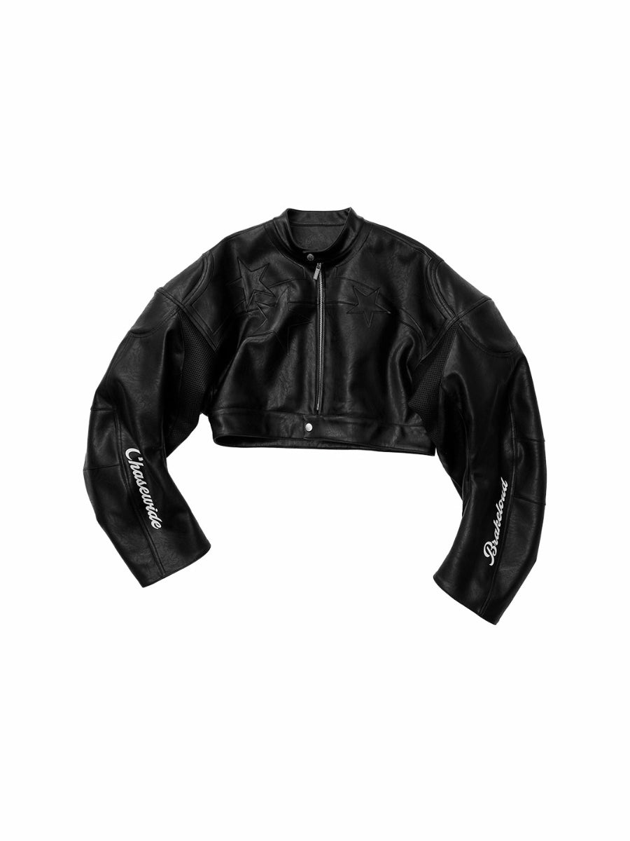 Letter Print Structured Cropped Moto Leather Jacket