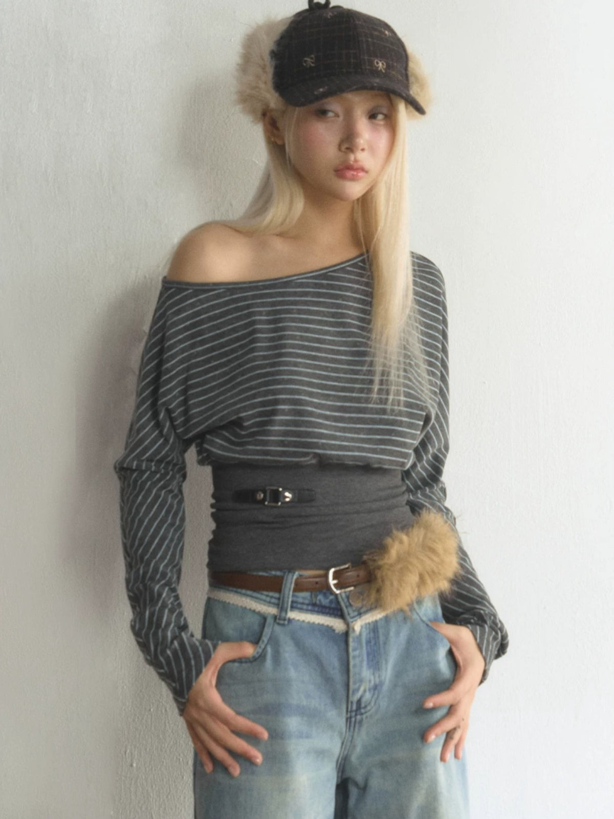 Striped Asymmetric Neck Layered T-Shirt
