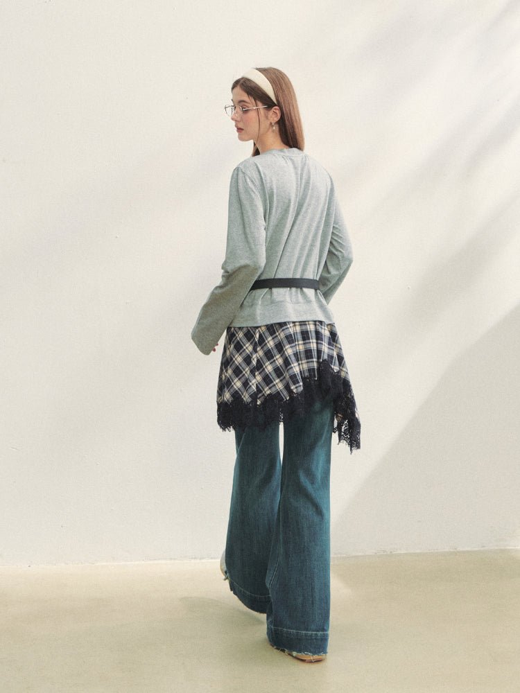 Plaid Lace Patchwork Knit Dress