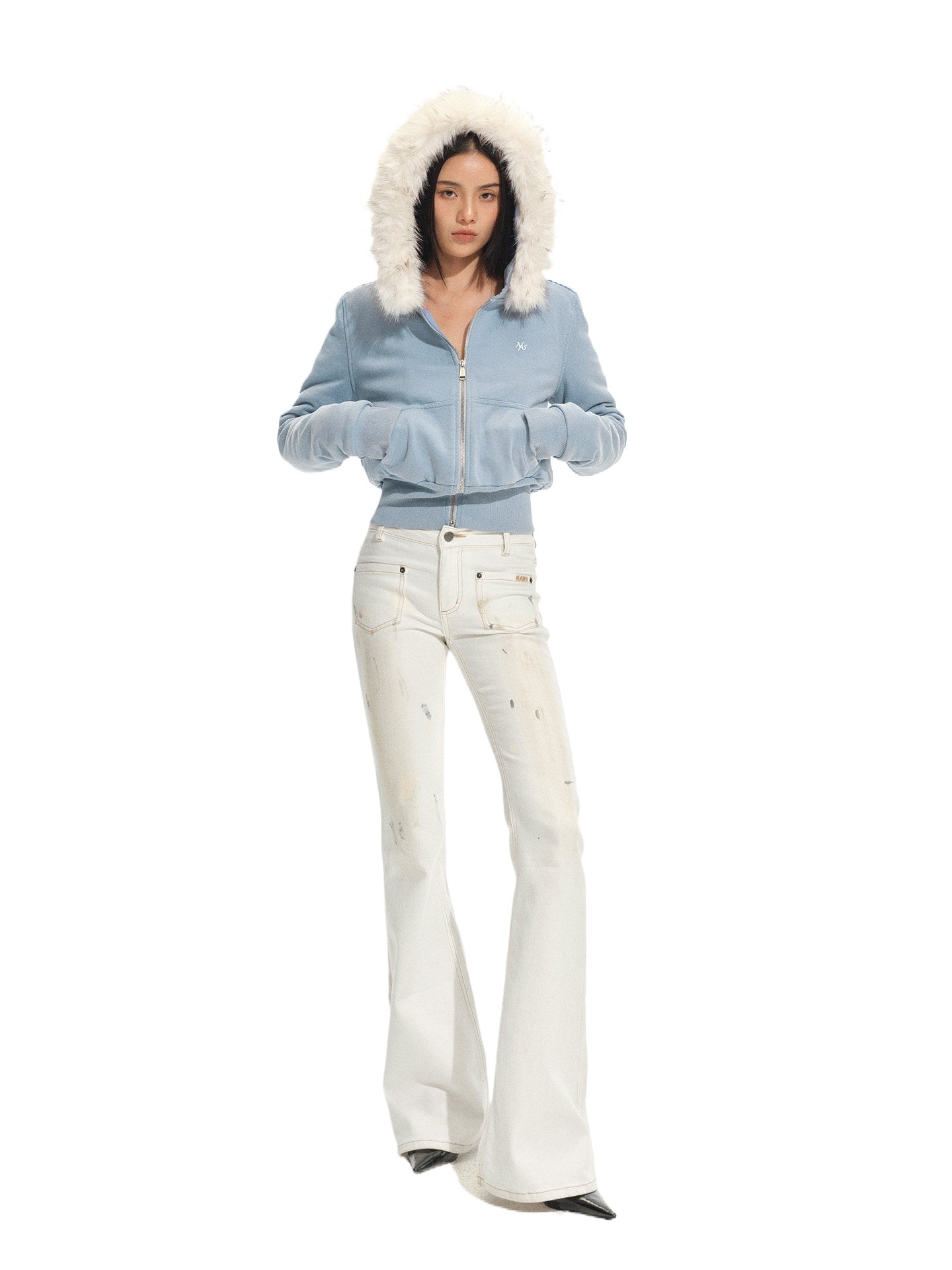 Fox Fur Trim Washed Cotton Fitted Hoodie