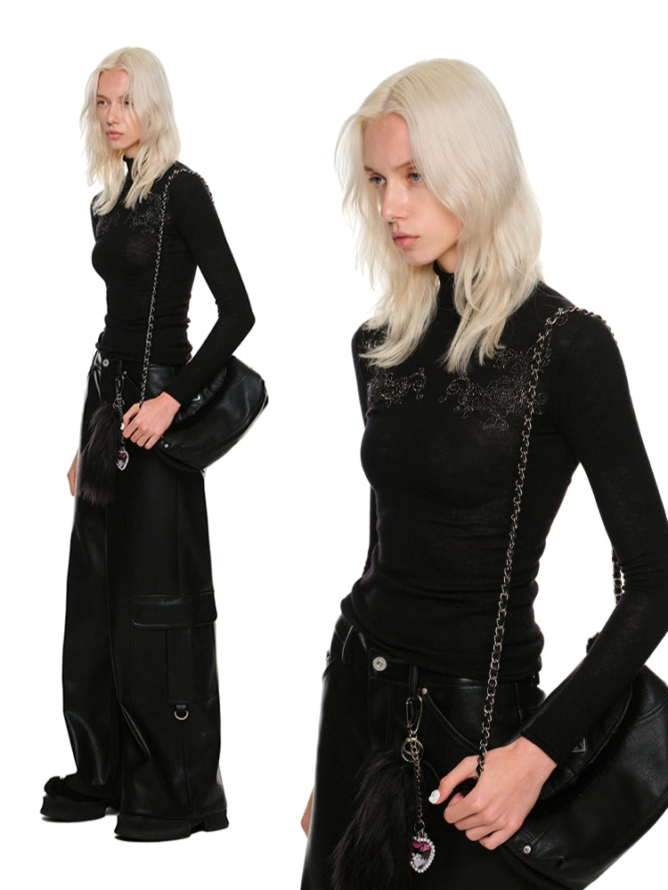 Rose Rhinestone Knit Turtleneck Base Layer