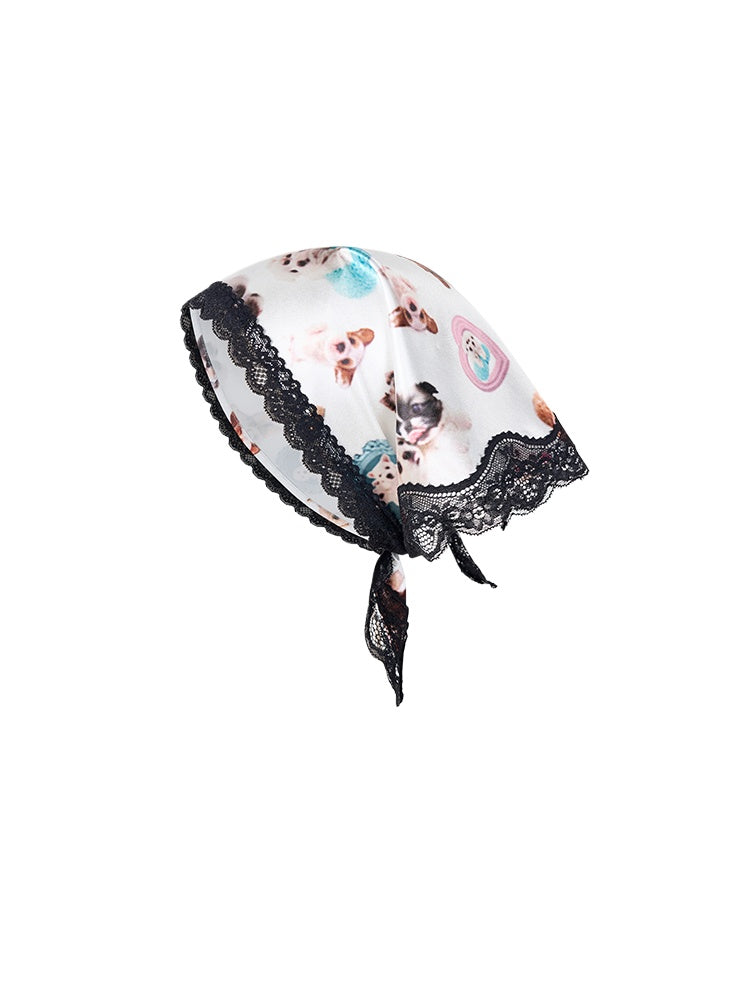 Lace-Trimmed Silk Feel Headband Triangle Scarf