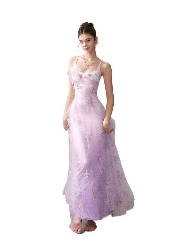 Light Purple Gradient Embroidered Bud Lace Long Dress