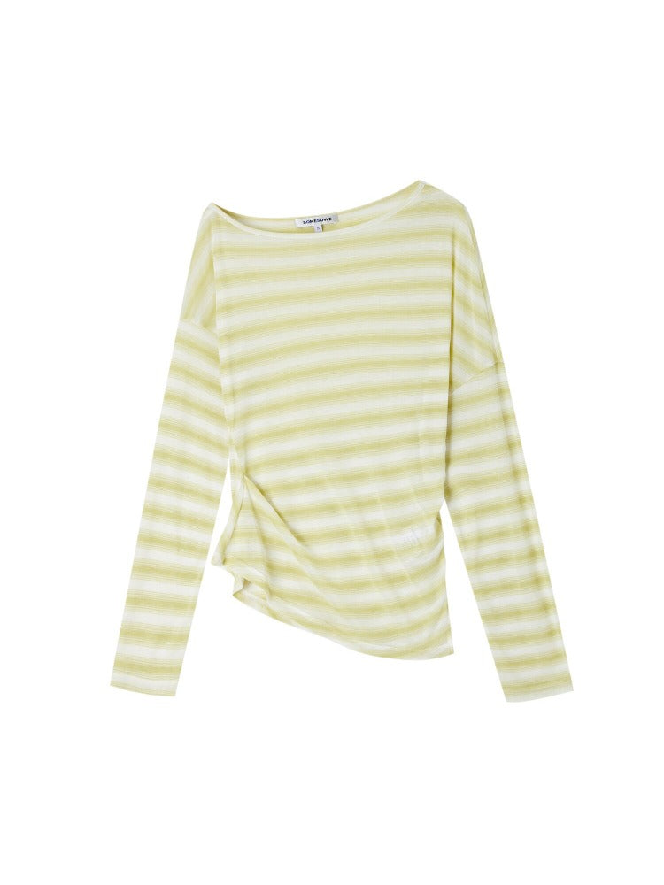 Sheer Off-Shoulder Striped Long Sleeve T-shirt