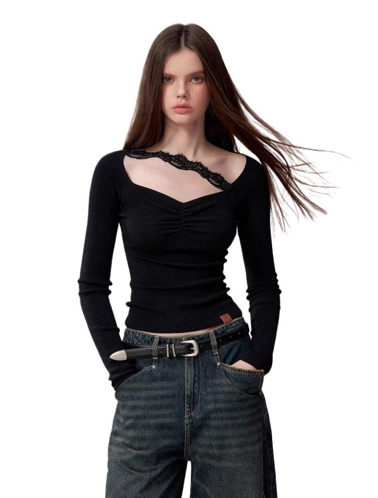 Ruched Lace Detail Knit Top