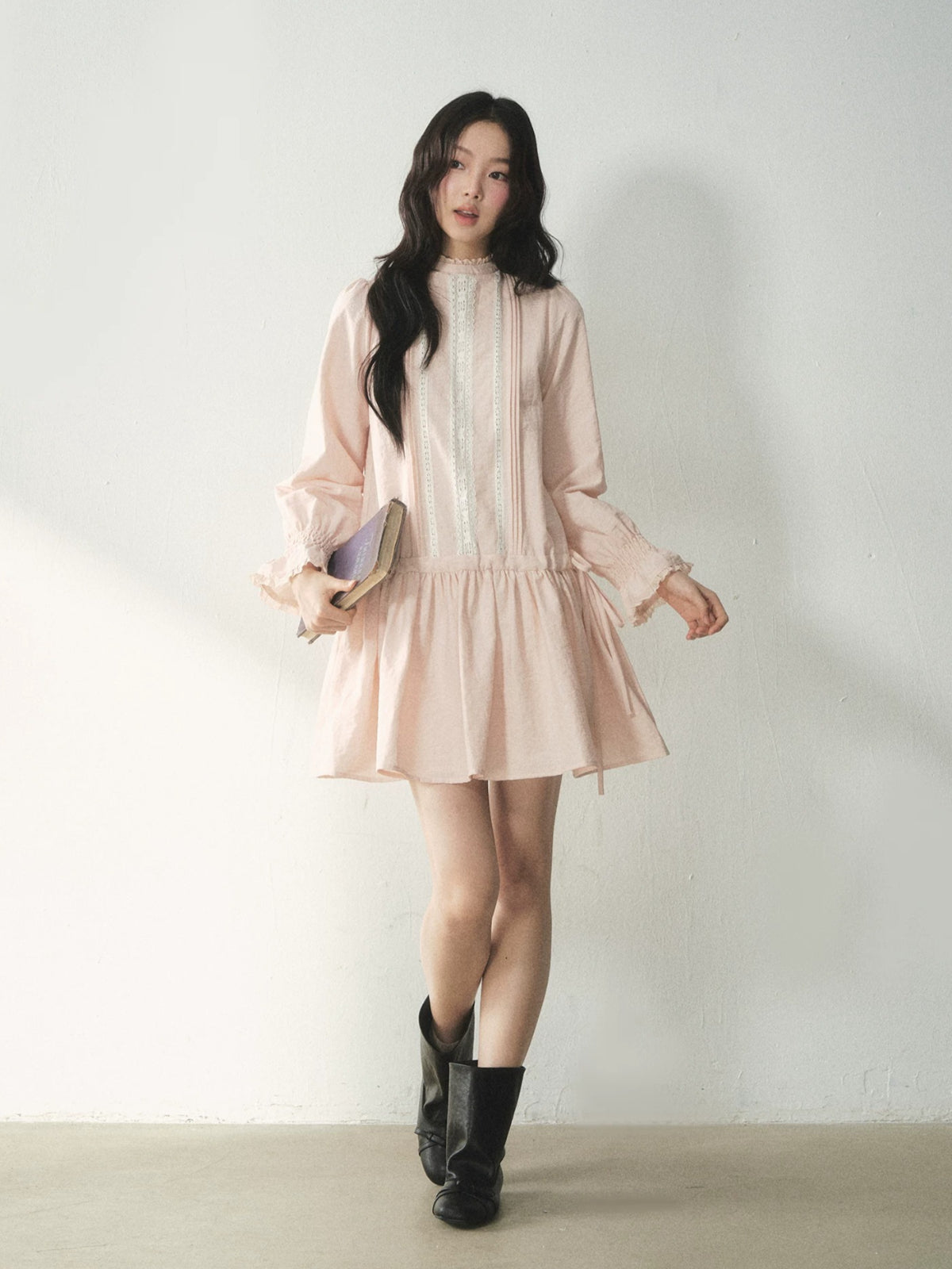 Mock Neck Lace Trim Dress