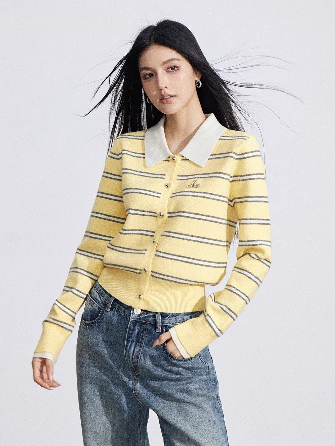Yellow & Gray Striped Polo Knit Top