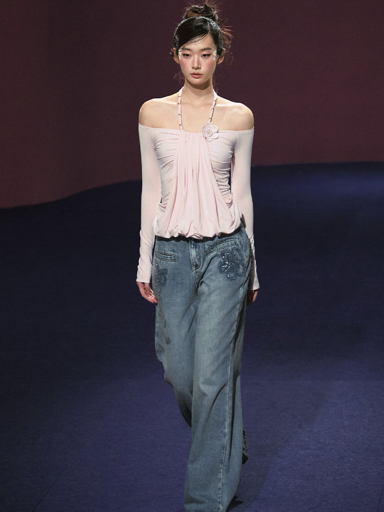 Fake Two-Piece Halter Ruched Floral One-Shoulder Blouse