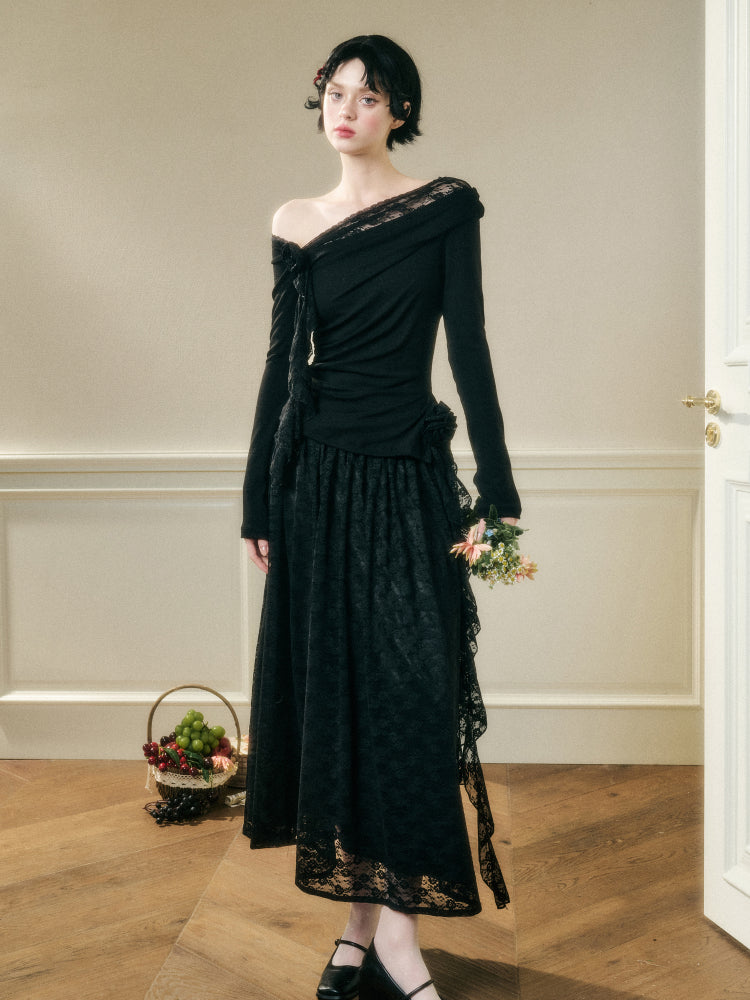 Lace Floral Asymmetrical Off-Shoulder Top & Skirt Set