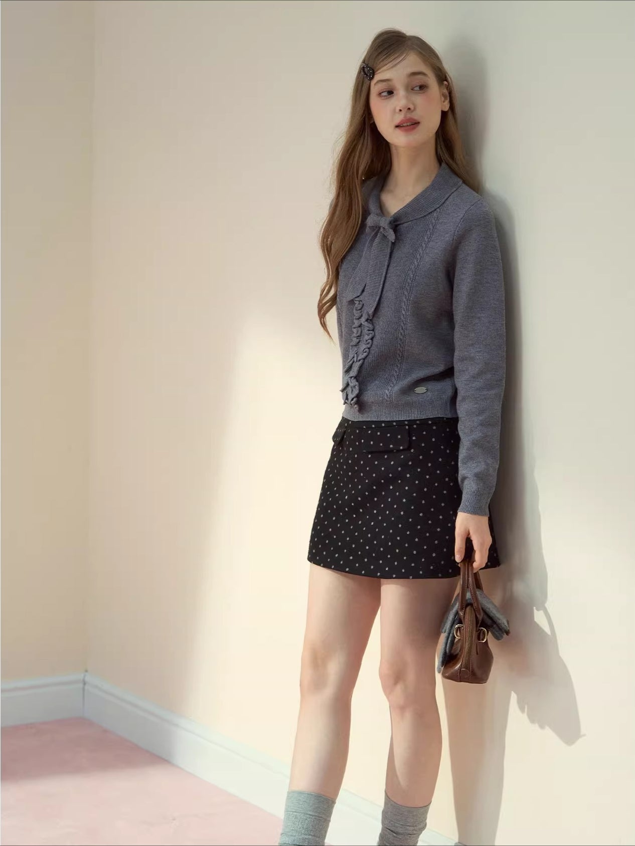 Ruffle-Tie Knit Peter-Pan Collar Sweater