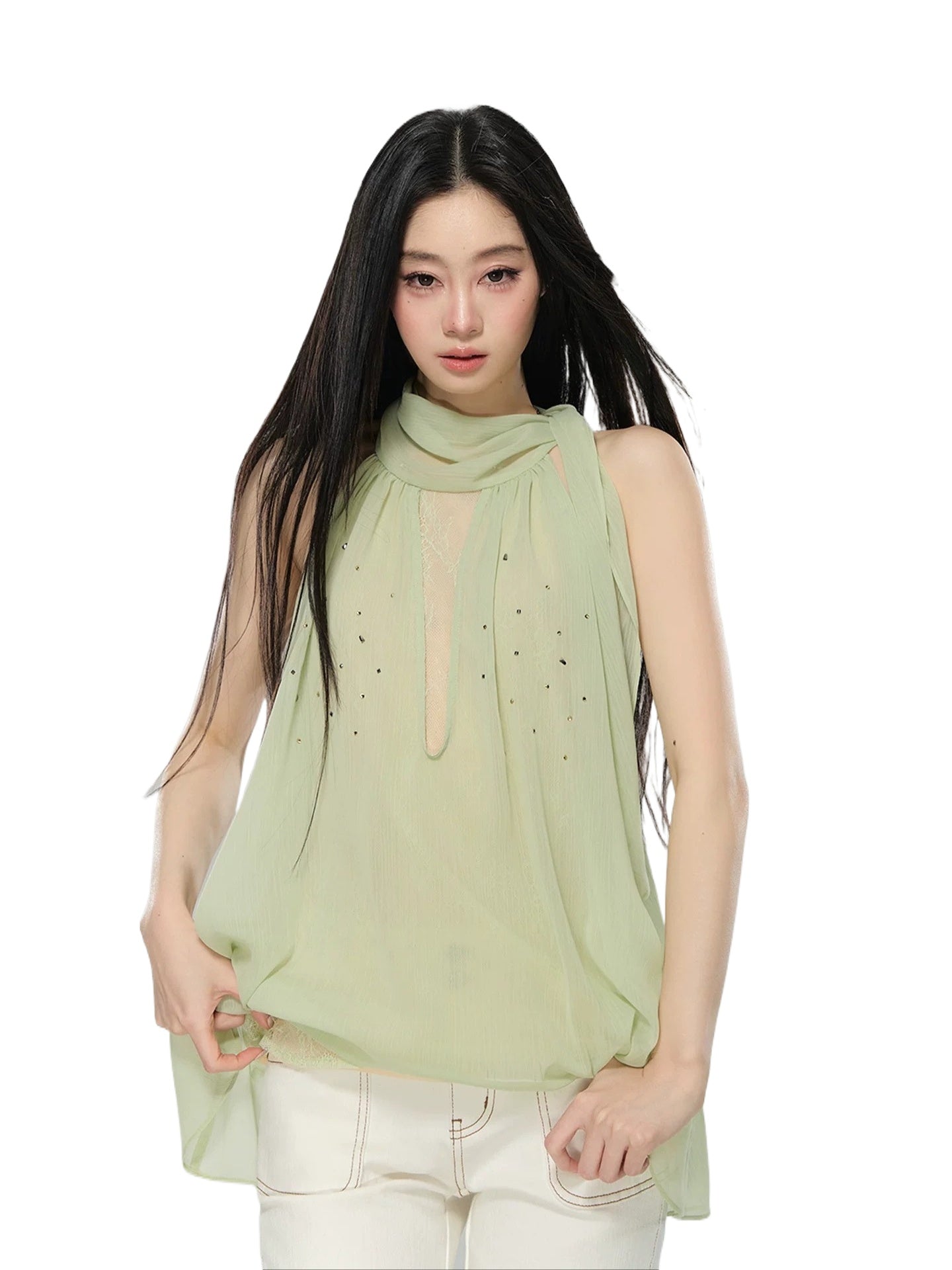 Sheer Rhinestone Chiffon Top