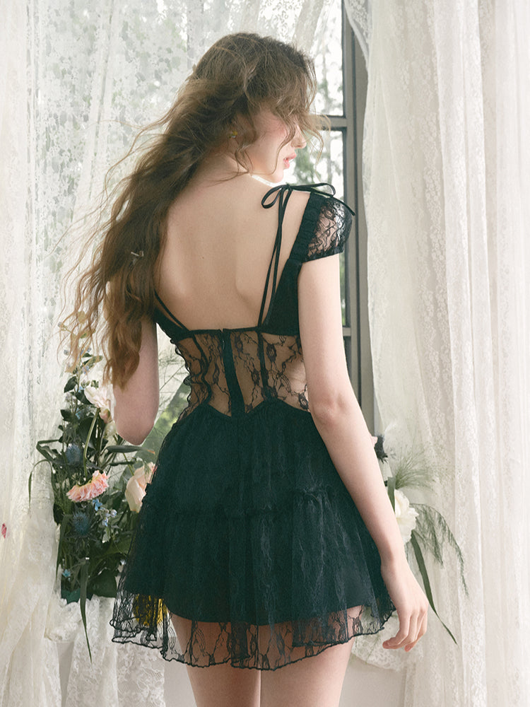 Black Lace Open-Back Dress