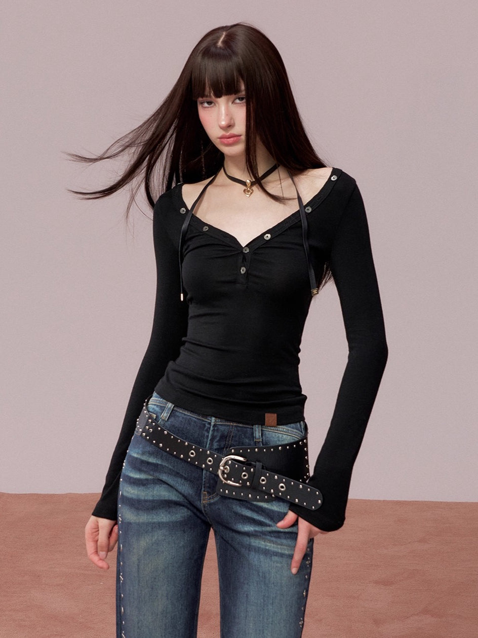 Button Detail Crewneck Top