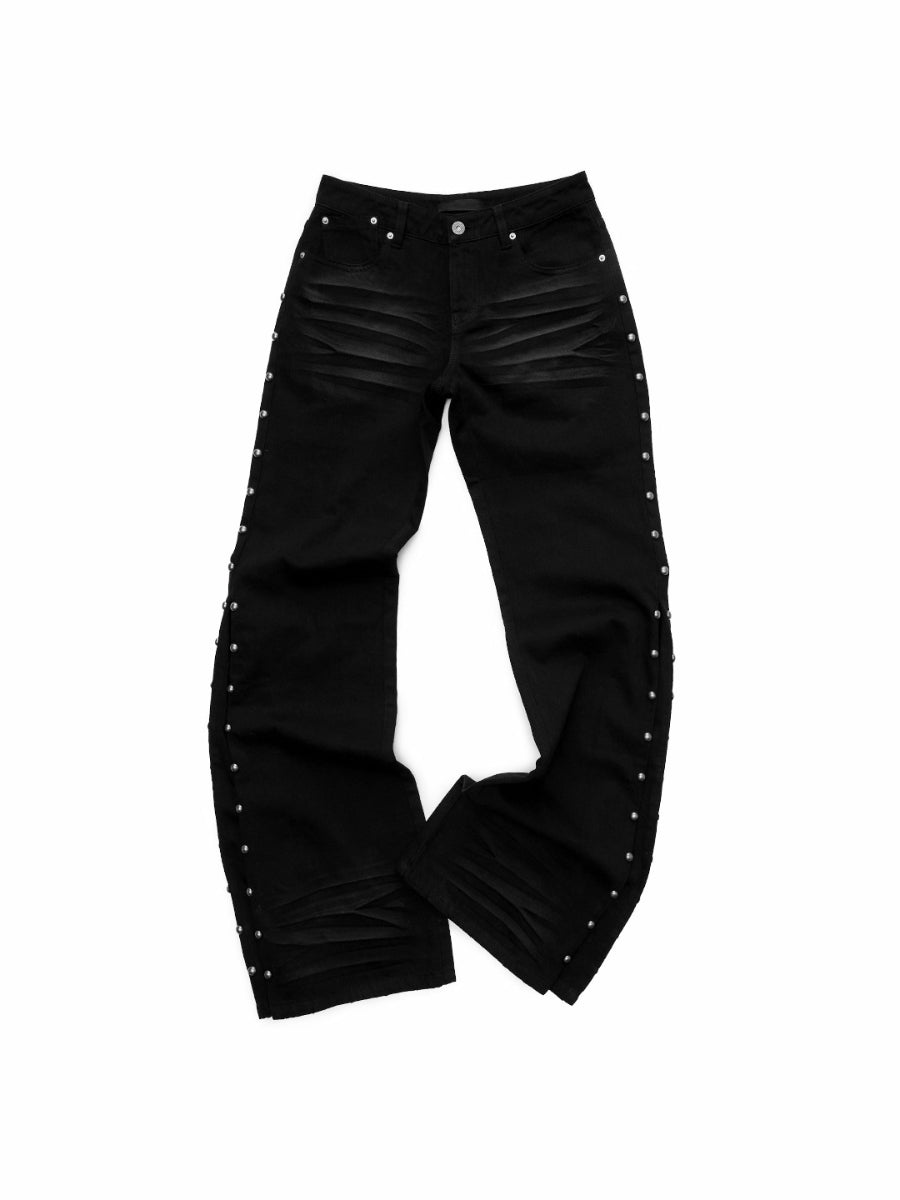 Studded Flared Denim Whisker Detailing Jeans