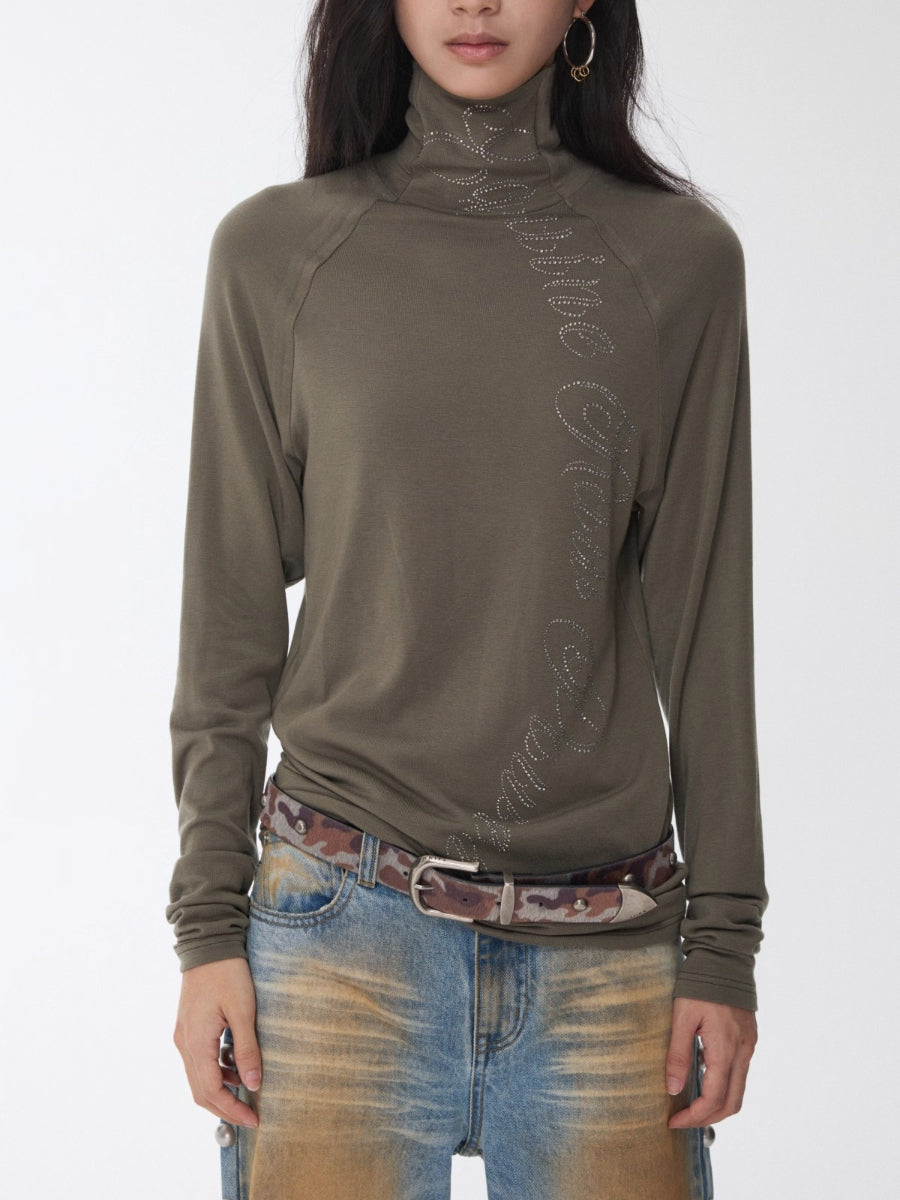 Rhinestone High Neck Raglan Knit Top