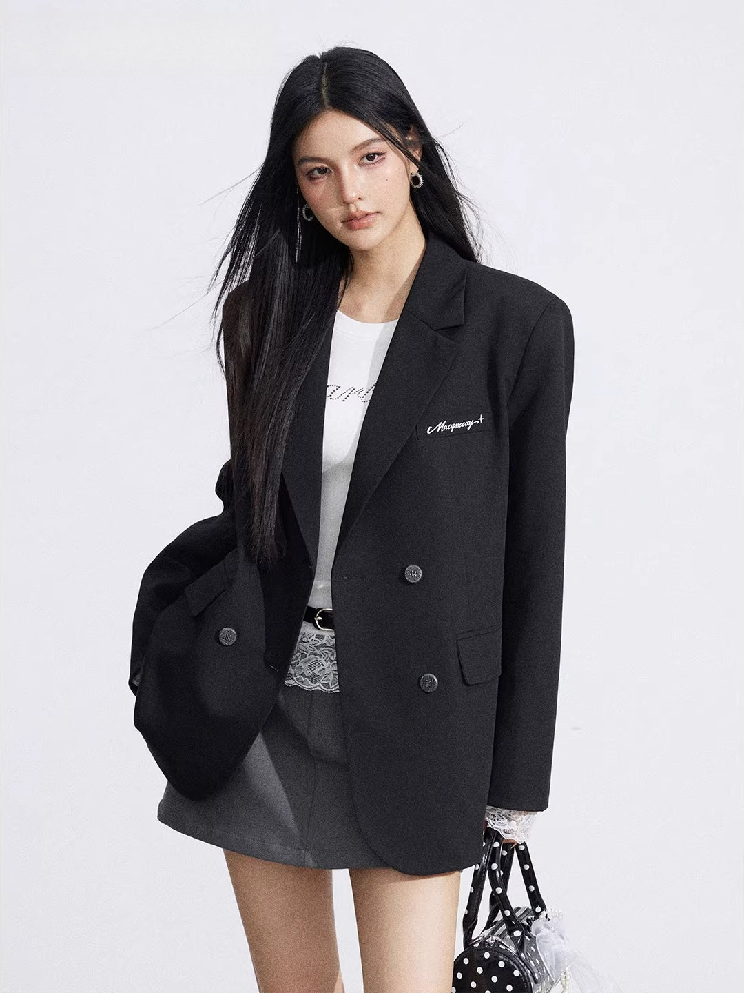 Black & Gray Lace Panel Blazer