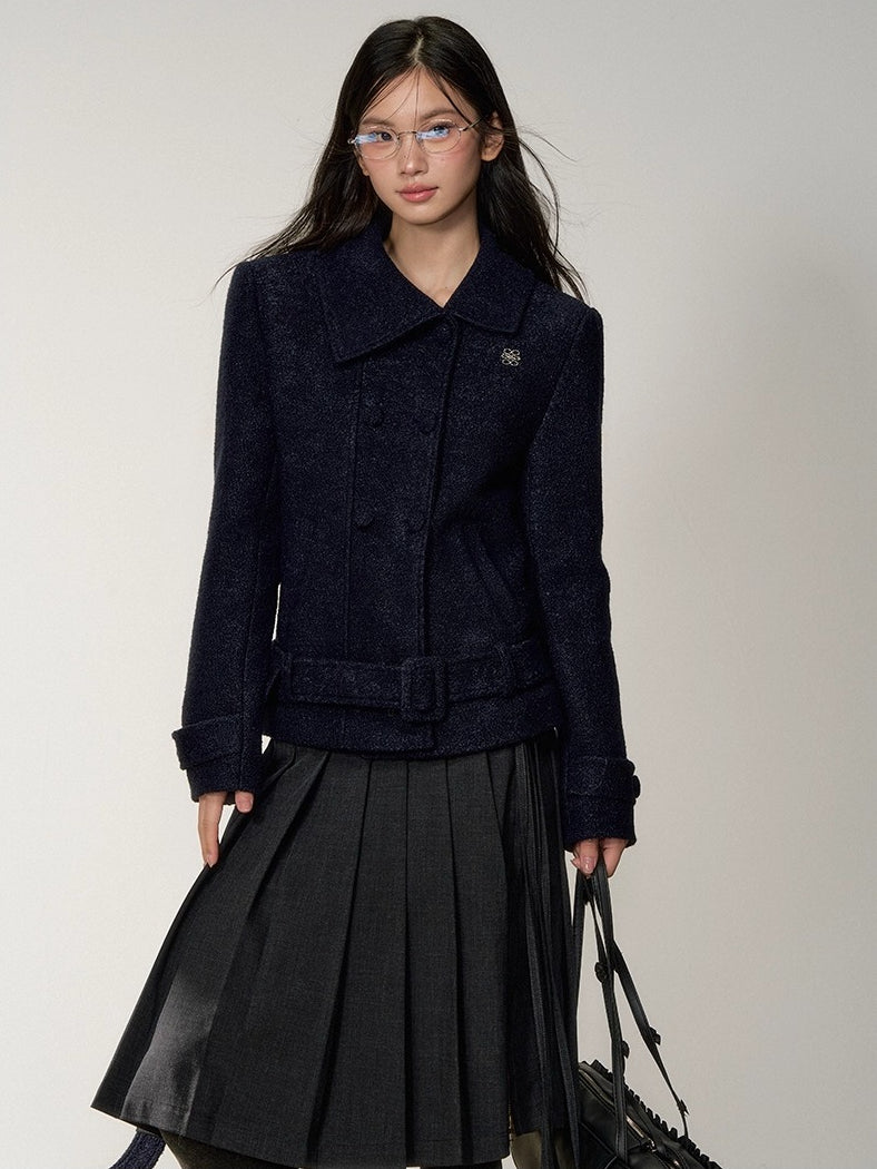 Diagonal Collar Double-Breasted Wool Coat