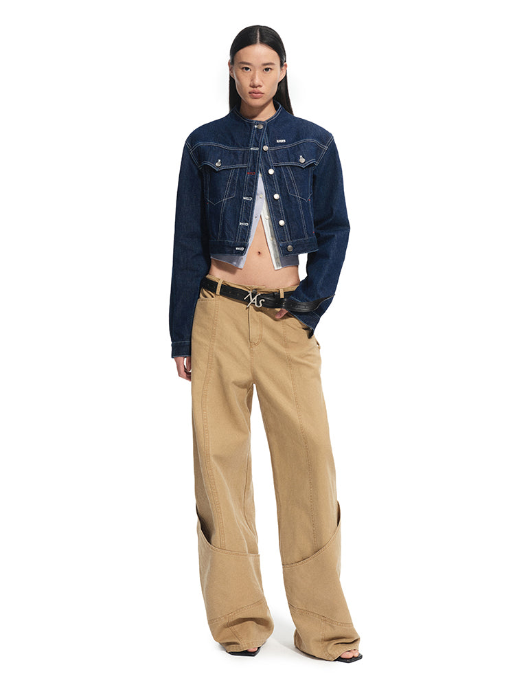 Denim Stand-Collar Regular-Shoulder Short Jacket