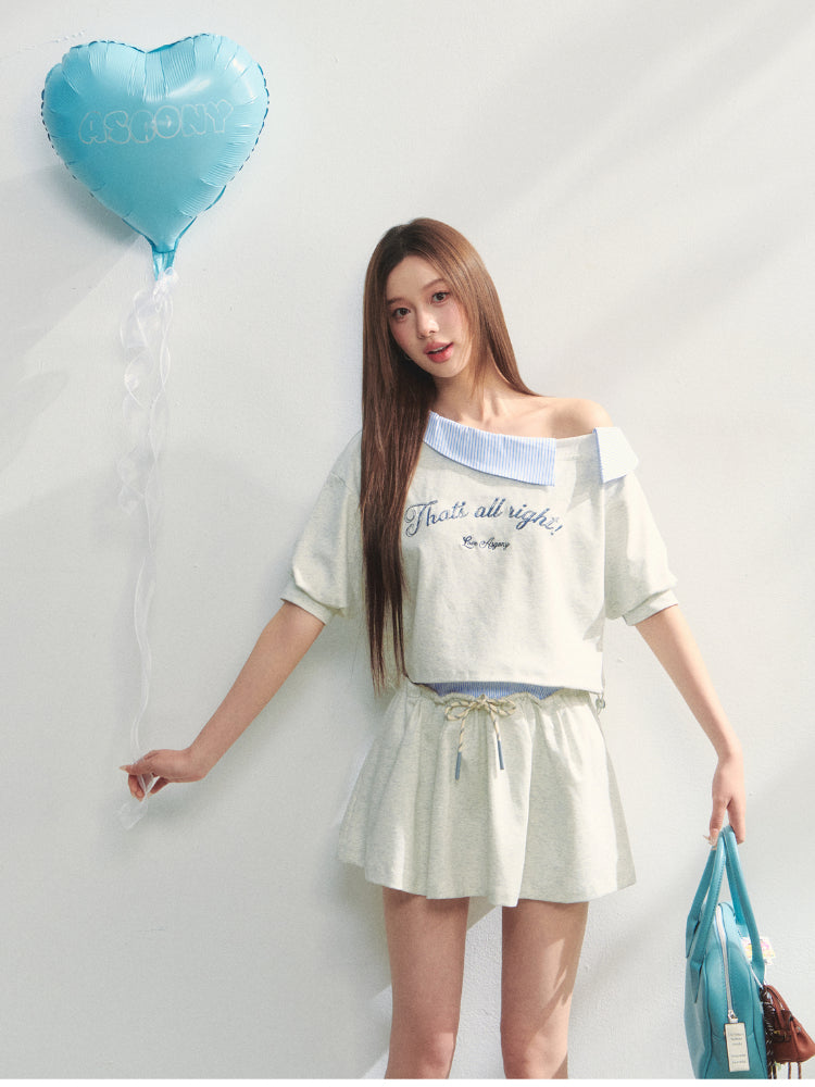 Grey Asymmetric Shoulder Striped Patchwork Short-Sleeve & Skirt Set
