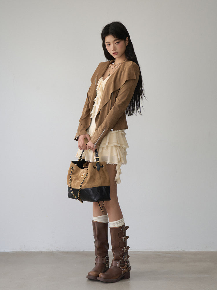 Large Collar Short Suede Jacket