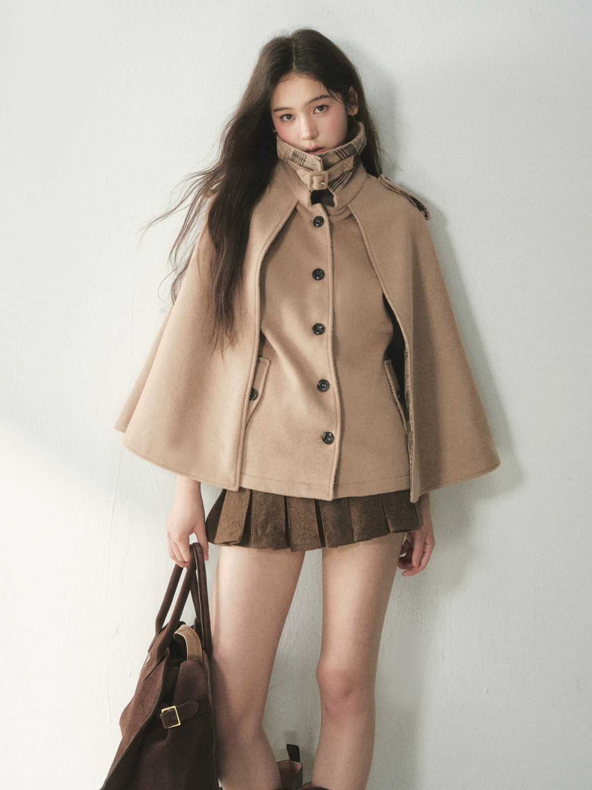 Vintage Plaid Panel Wool Cape Coat