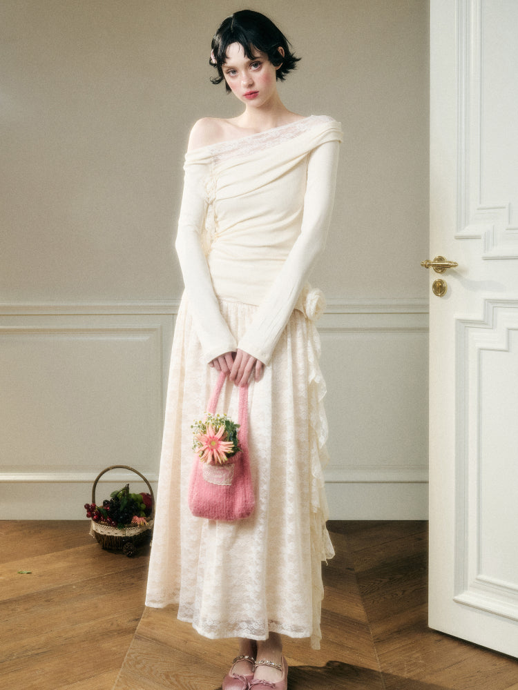 Lace Floral Asymmetrical Off-Shoulder Top & Skirt Set