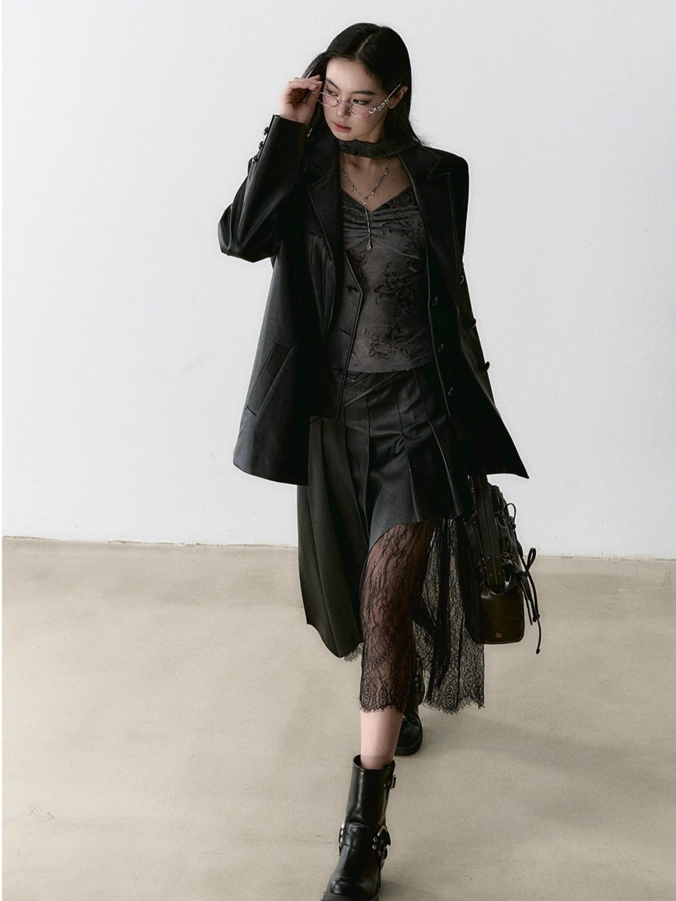 Lace Panel Oversized PU Blazer