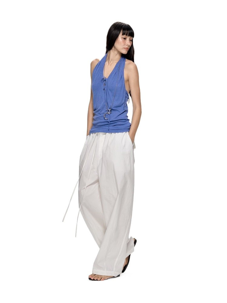 Deep Blue Sleeveless V-Neck Halter Neck Top