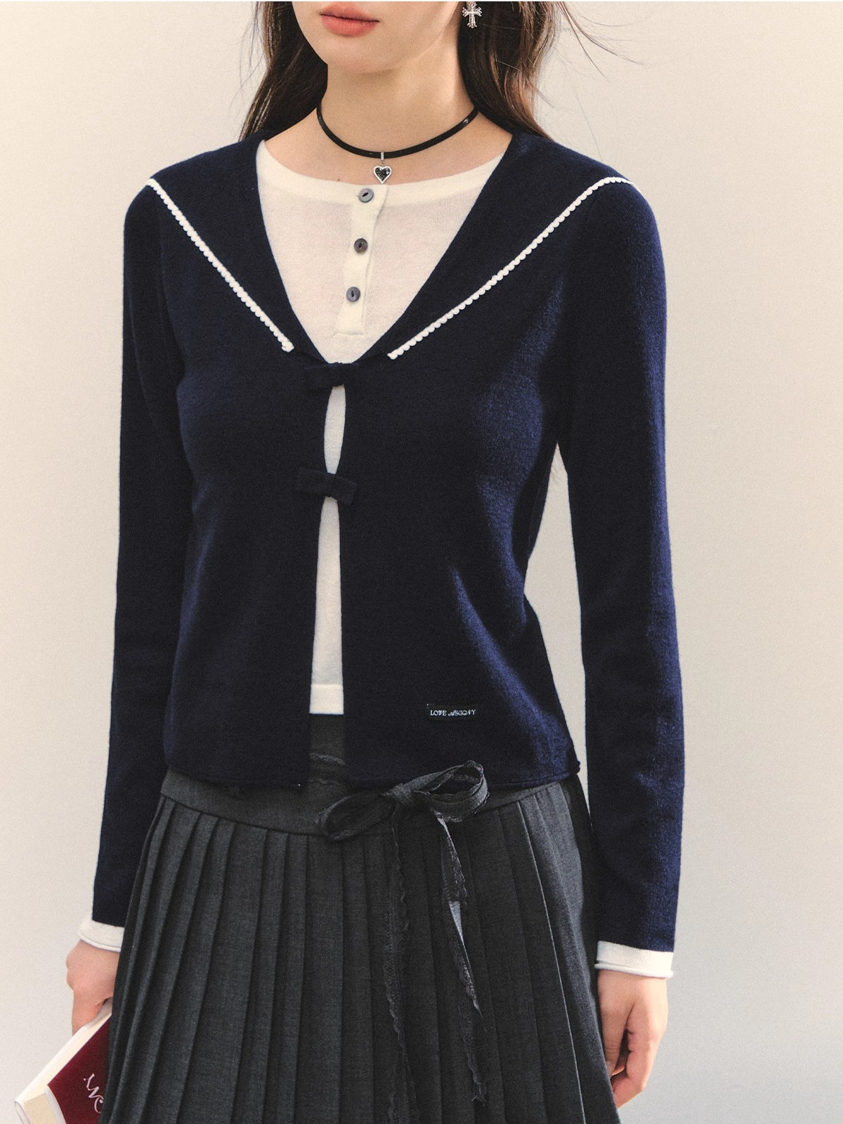 Navy Blue & Gray Sailor-Bow Knit Cardigan