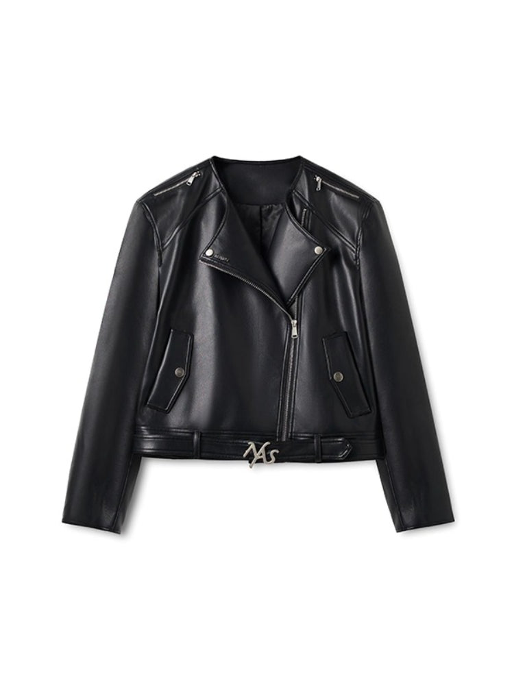 "Dejembe Series"Satin-Finish PU Leather Moto Jacket