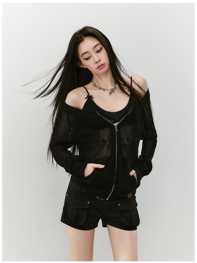 Knitted Floral Convertible Hollow-out Coat