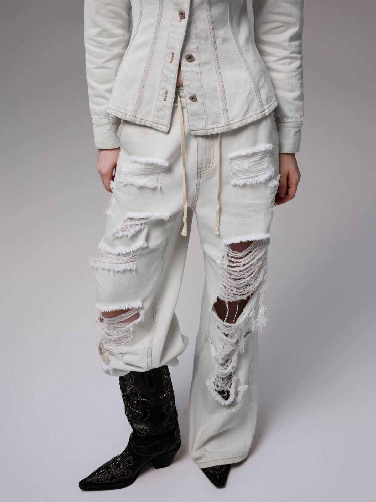 Distressed White Ripped Wide-leg Pants