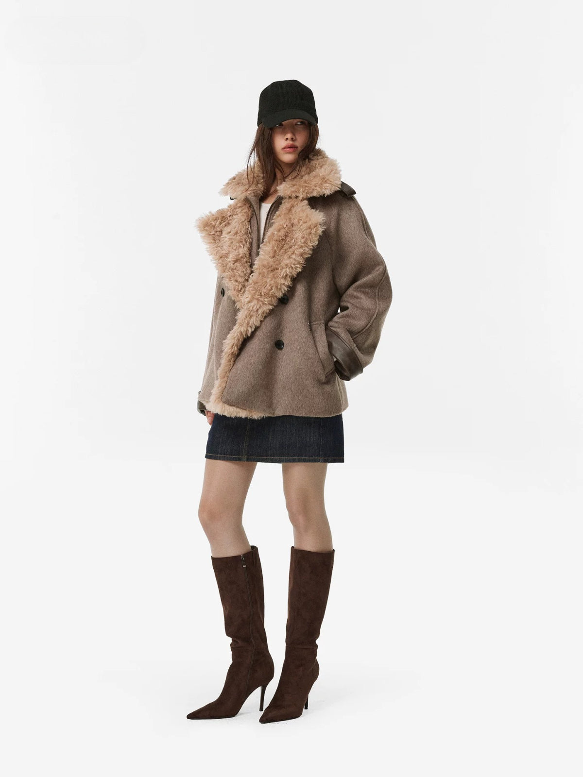 Faux Shearling Collar Wool Coat