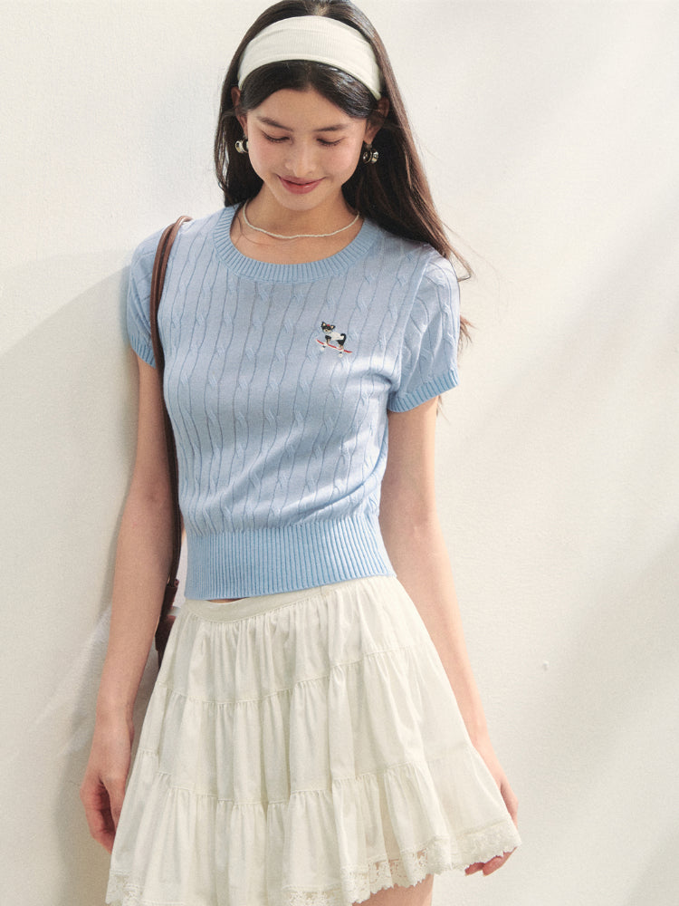 Puppy Embroidered Regular-shoulder Twist Knit T-shirt